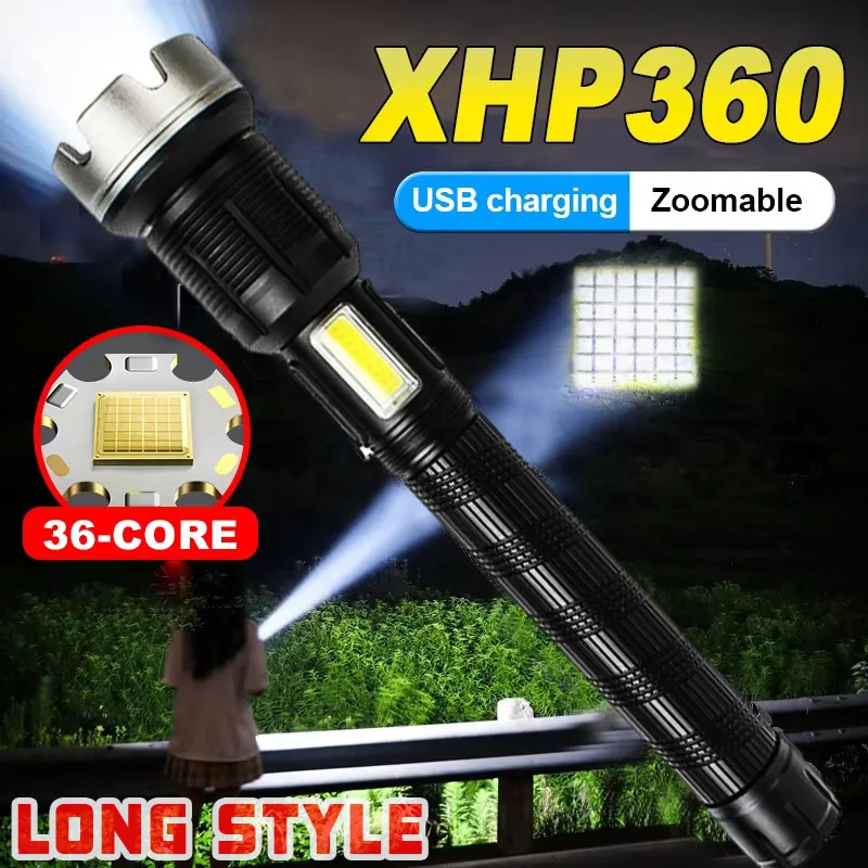 

8000000LM XHP360 + COB Мощный светодиодный фонарик, алюминиевый фонарь с USB-зарядкой, дальний диапазон, фонари с зумом для кемпинга