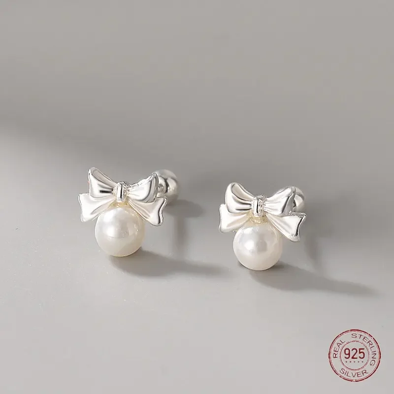 Orecchini a bottone con fiocco di perle in argento sterling 925 per le donne Accessorio romantico Orecchino di moda coreano Regalo di gioielli di