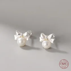 Orecchini a bottone con fiocco di perle in argento sterling 925 per le donne Accessorio romantico Orecchino di moda coreano Regalo di gioielli di lusso di compleanno