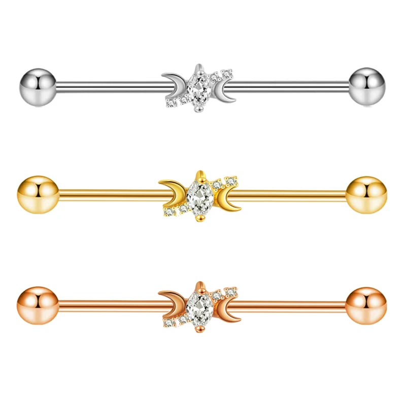 2023 new style moon zircon industrial earrings for women 38mm 1/2 inch 14g long industrial piercing body jewelry wholesales mix