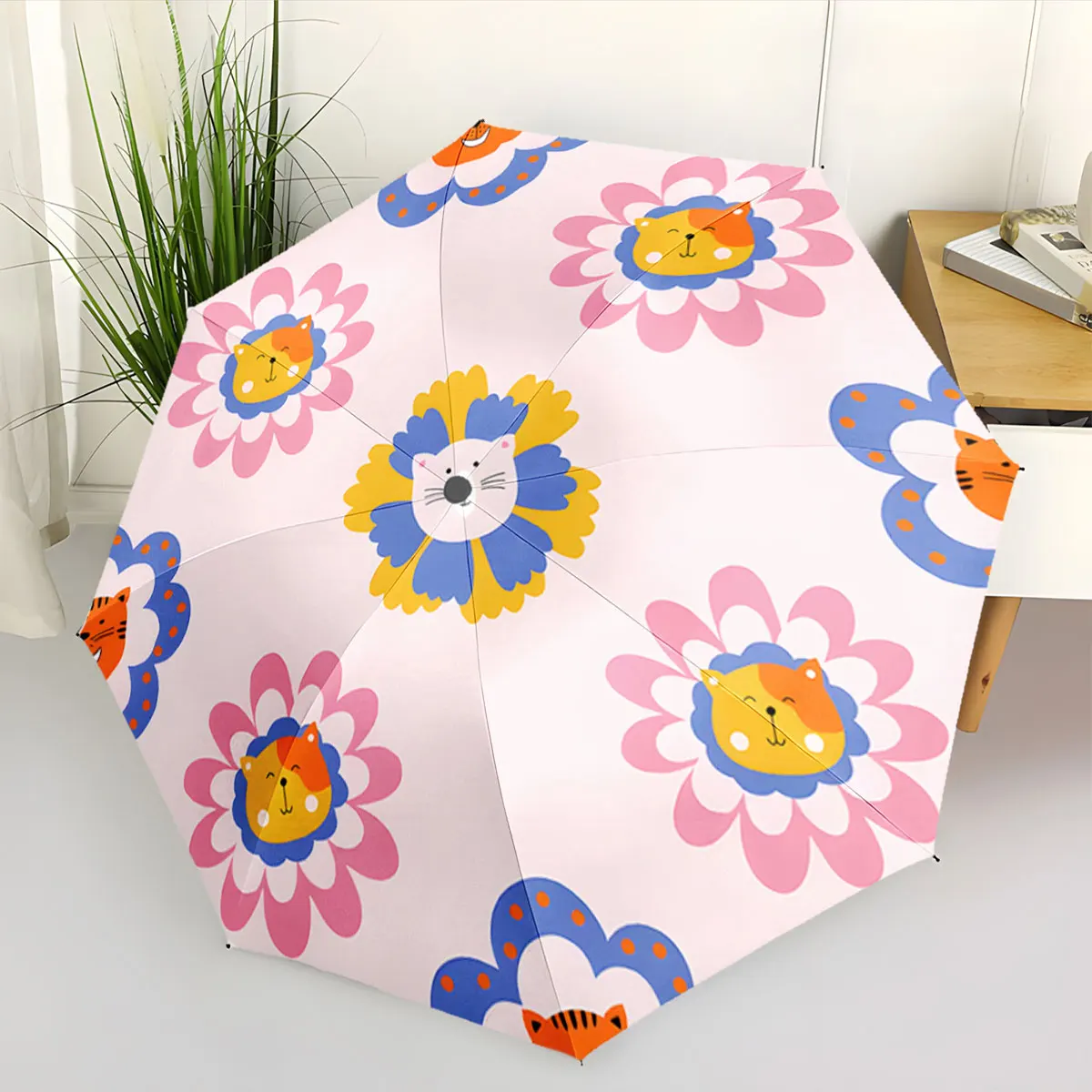 1PC Whimsical Lion and Cat Umbrella Design Print 8 Iron Ribs Folding Umbrella Auto-Open Fashion Sunshade