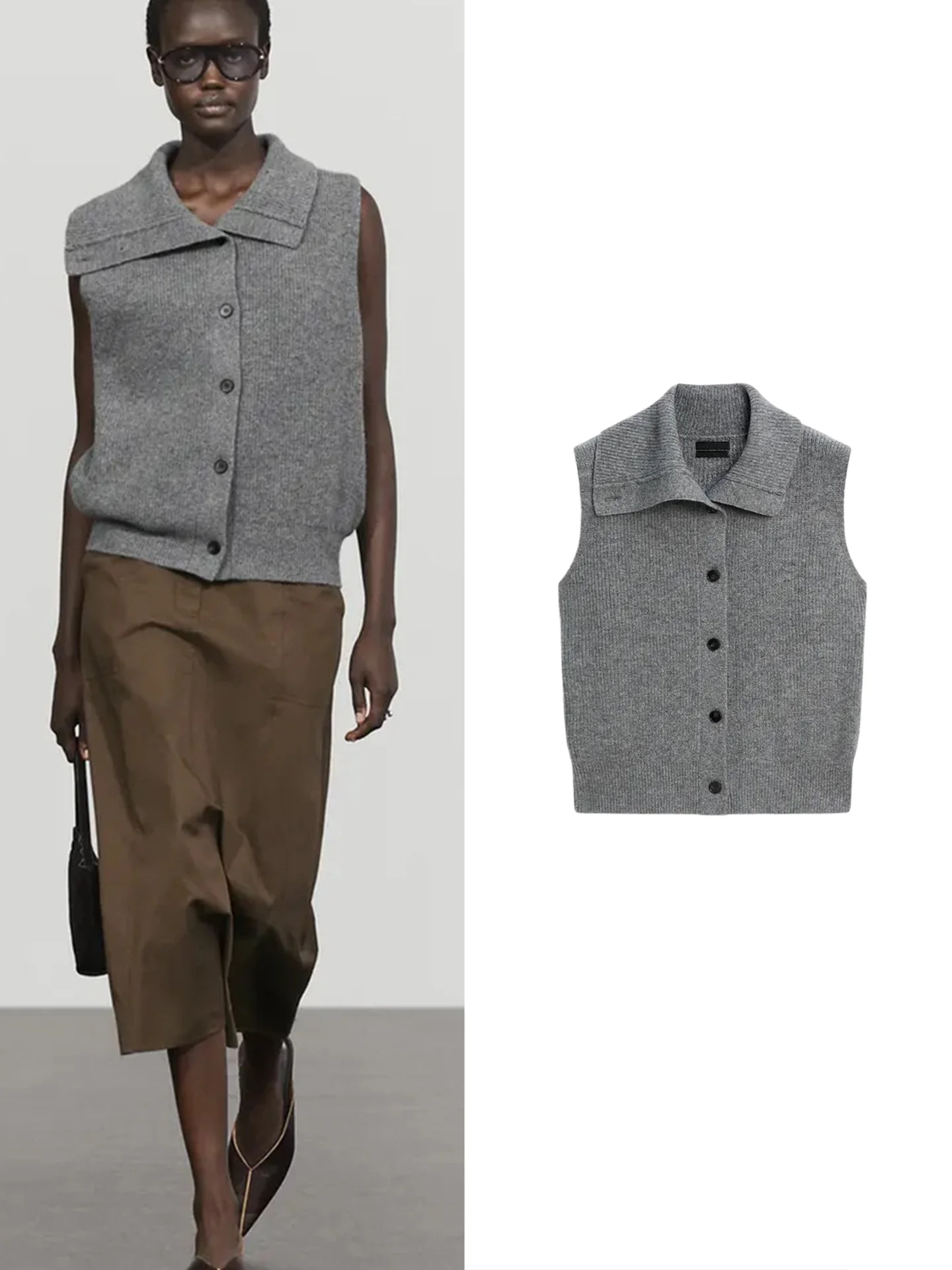 Fall New Women's Knitted Sleeveless Funnel Neck Vest  Gathering Single Button Polyester Fiber Casual Fashion Top