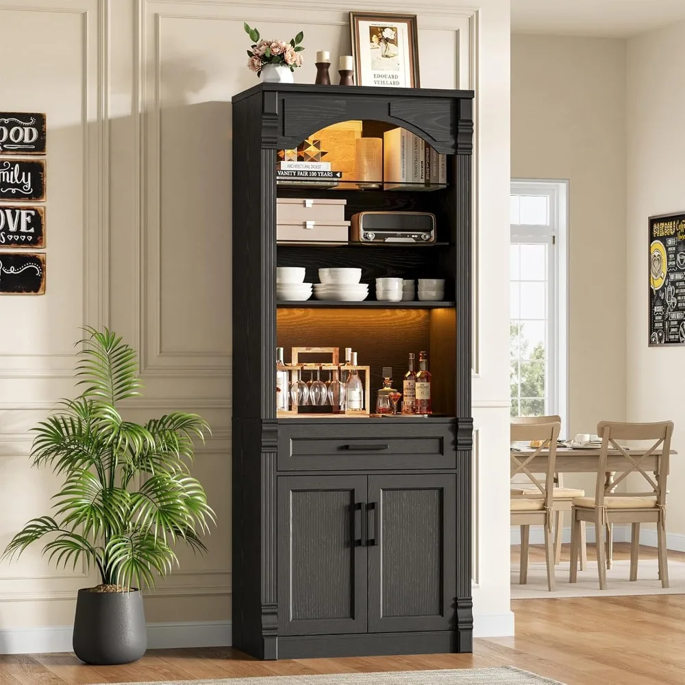 

70.9 Tall Kitchen Pantry Storage Cabinet, Modern Kitchen Hutch Bar Cabinet with Lights, Freestanding Food Pantry with Ad