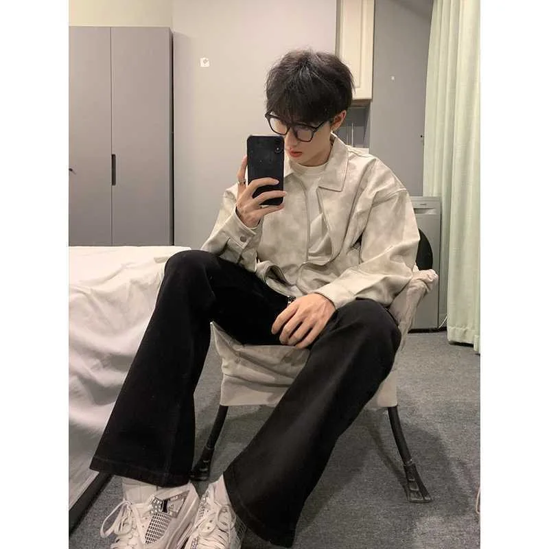 

Retro American Dyeing Leather Jaet Men's High-End Sle Motorcycle Windproof Baseball Coat Loose Fit Double Layer Long Sve