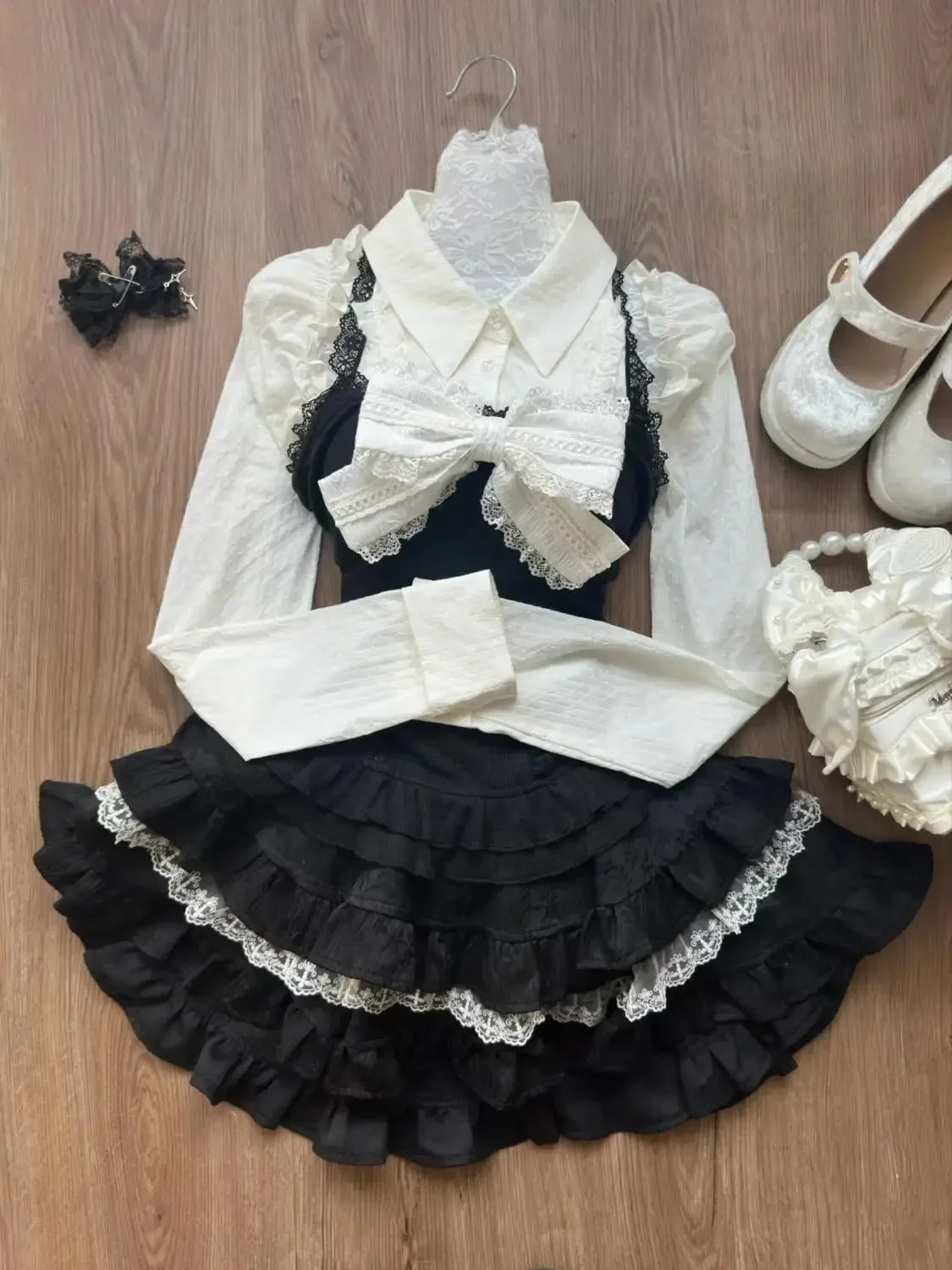 Kawaii 2 Piece Sets Outfits Chic Sweet Japanese Vintage Suits Women Casual Y2k White Blouse + Mini Skirt Evening Party Clothing