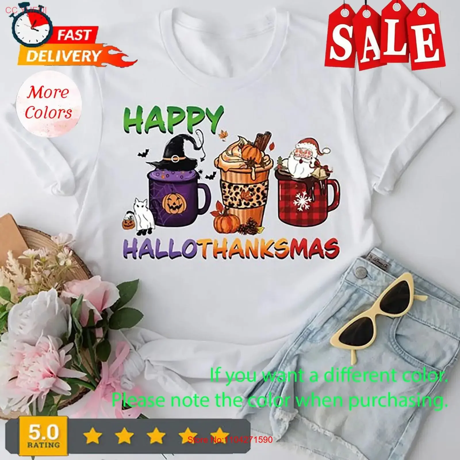 Happy HalloThanksMas T Shirt Coffee Cup Funny Halloween vintage Washed graphic streetwear Comfortable Casual Slightly Stretched