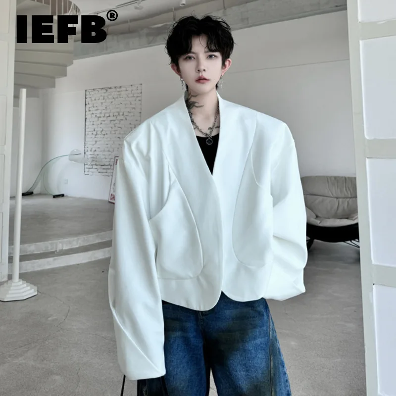 

IEFB Minimalist Men's Blazers Casual Collarless Buttonless Solid Color Big Pockets Loose Male Suit Jackets Korean Style 9C7499