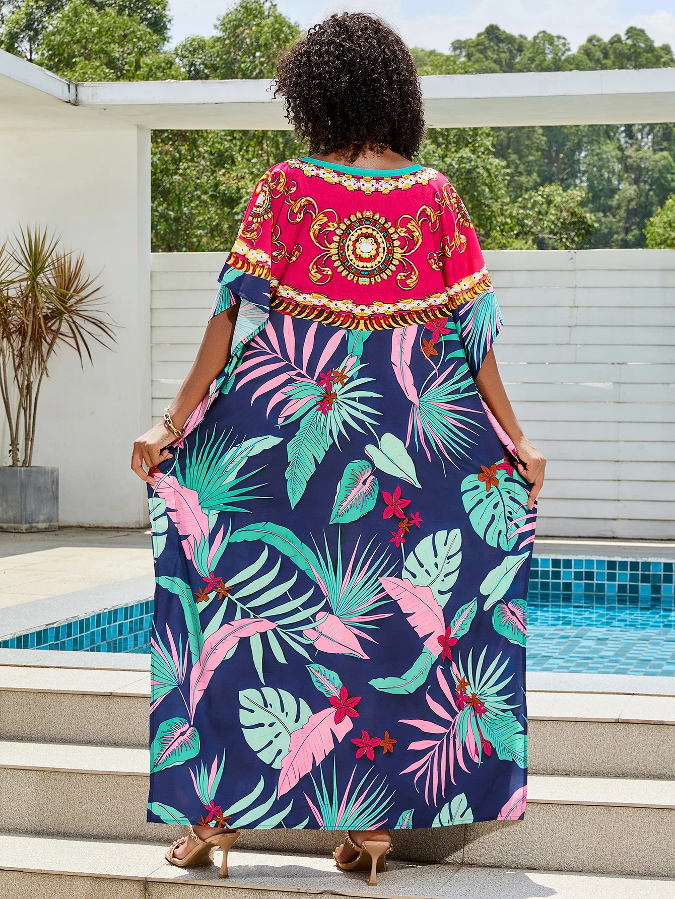 Women Holiday Rayon Printed Kaftan Long Robe Elegant Beachwear Bikini Cover Up Coat