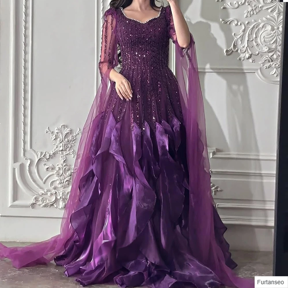 

Customized A-line Evening Dresses Floor-length V-neck Full Sleeve Prom Gown Fashion Sequined Crystal Ruched Draped Party Gown