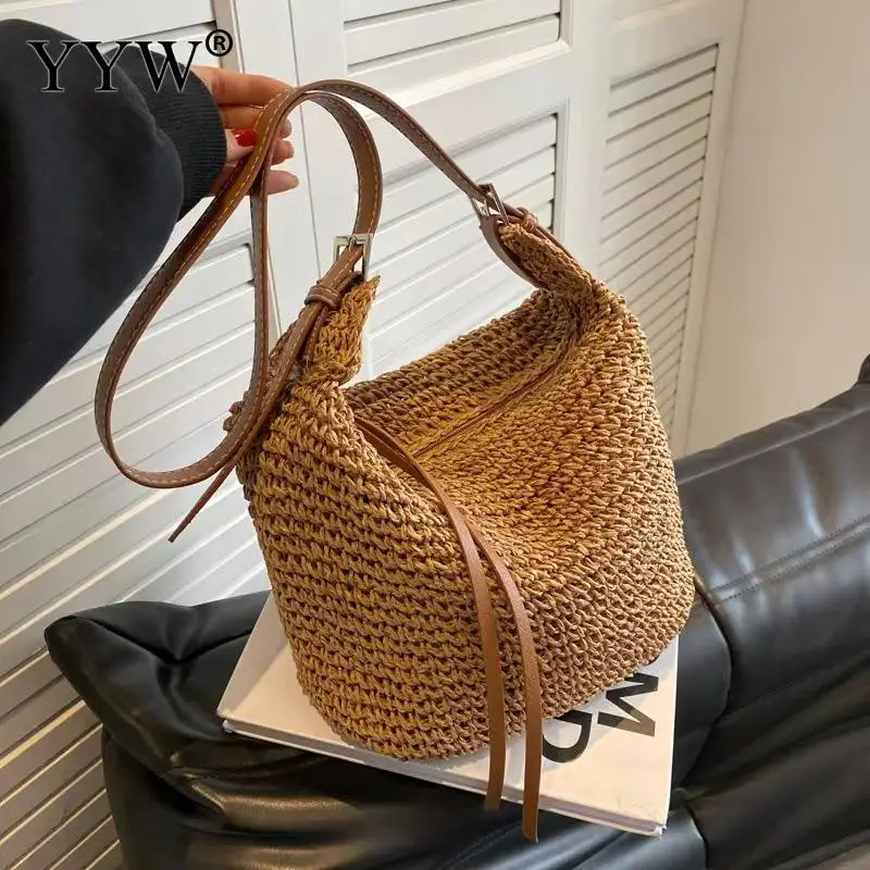 Straw Beach Bag Summer Woven Tote Bag PU Leather Shoulder Bag for Women Casual Large Capacity Female Rattan Boho Handbag Raffia