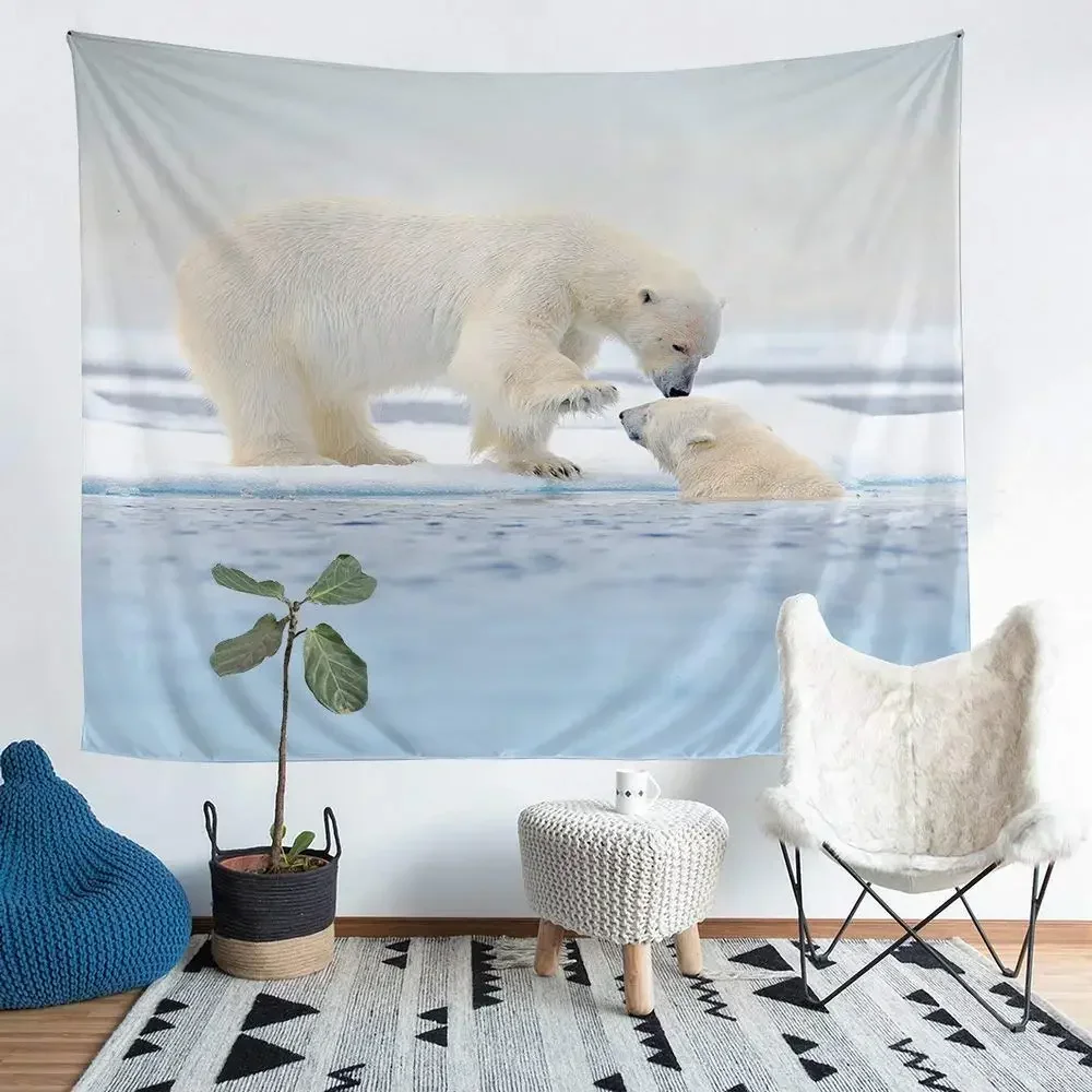 Polar Bear Tapestry White Bear on The Ice and Snow Tapestry Wild Animal Tapestries Wall Hanging Art for Living Room Bedroom Dorm