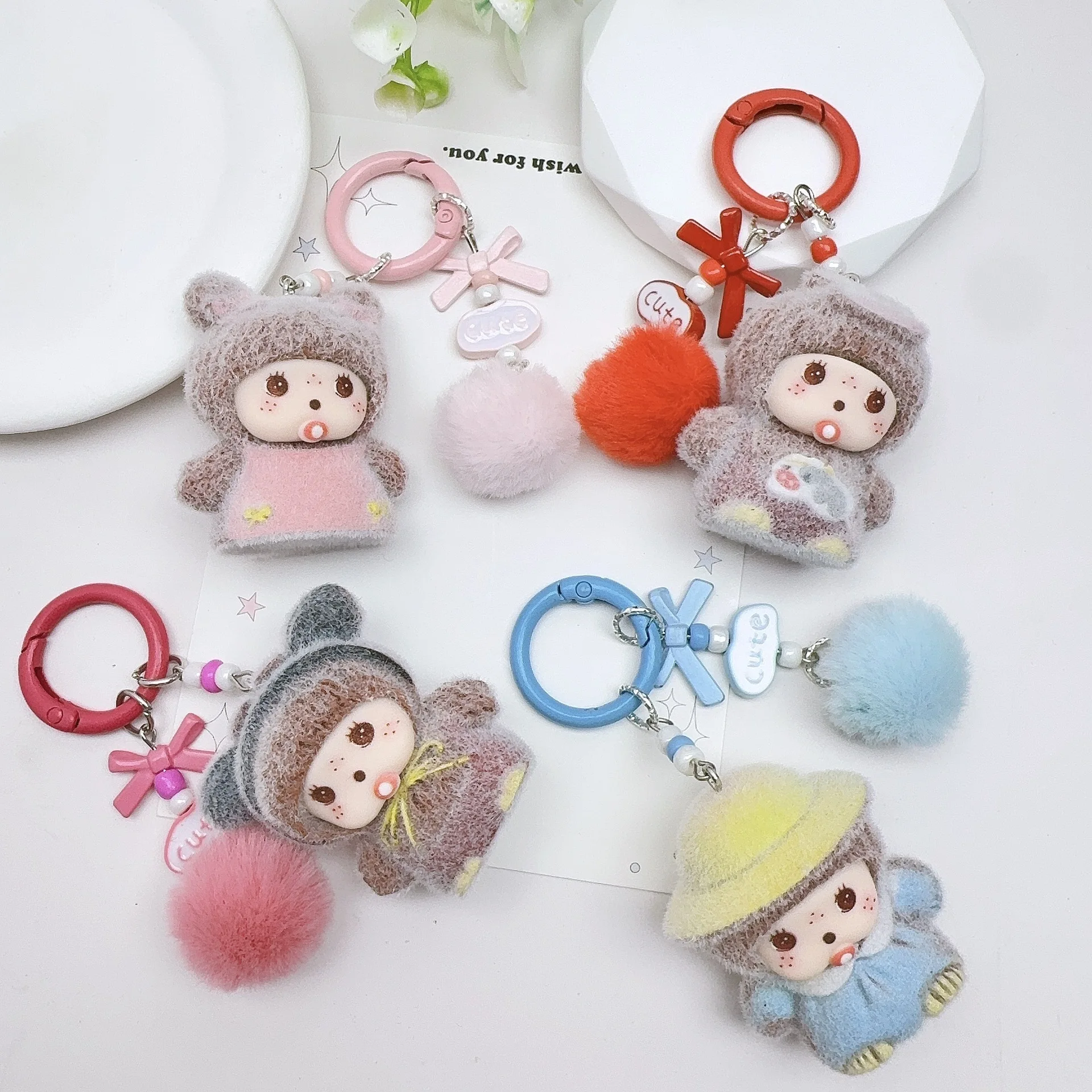 Flocking Monchhichi Keychain Kawaii Monchichi Keyring Cartoon Baby Monkey Pendent Backpack Hanging Charms Gifts Toys