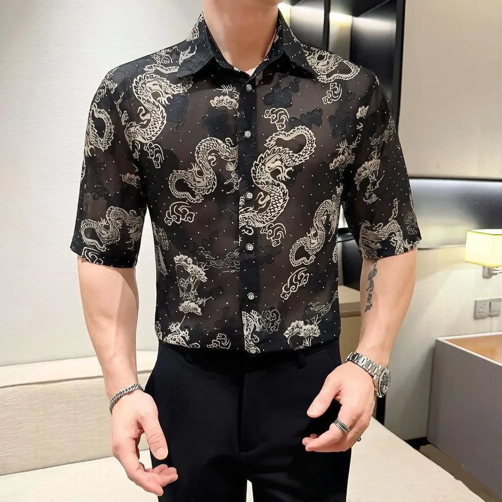 Luxury Bright Pearl Dot Shirts for Man Summer Sexy See Through Short Sleeved Men Shirt Chinese Style Lucky Dragon Mens Clothing