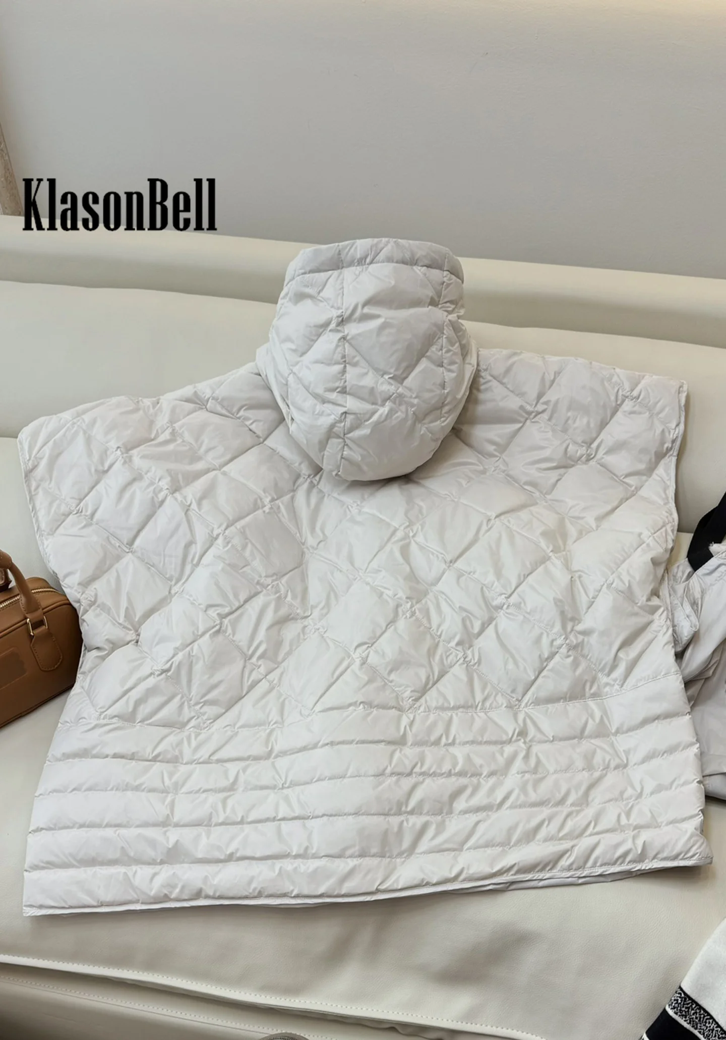 8.29 KlasonBell Women Fashion Quilted Argyle Plaid White Goose Down Capes Coat Hooded Zipper Loose Vest Outerwear