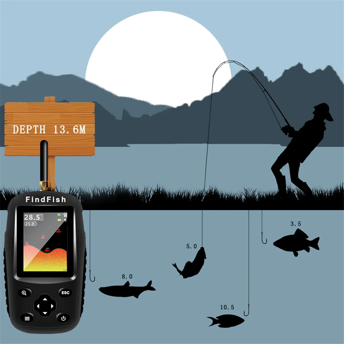 IIJJ-Smart English Russian Menu Wireless Sonar Portable Fish Finder Sensor Echo Sounder Alarm River Lake Sea Bed Live