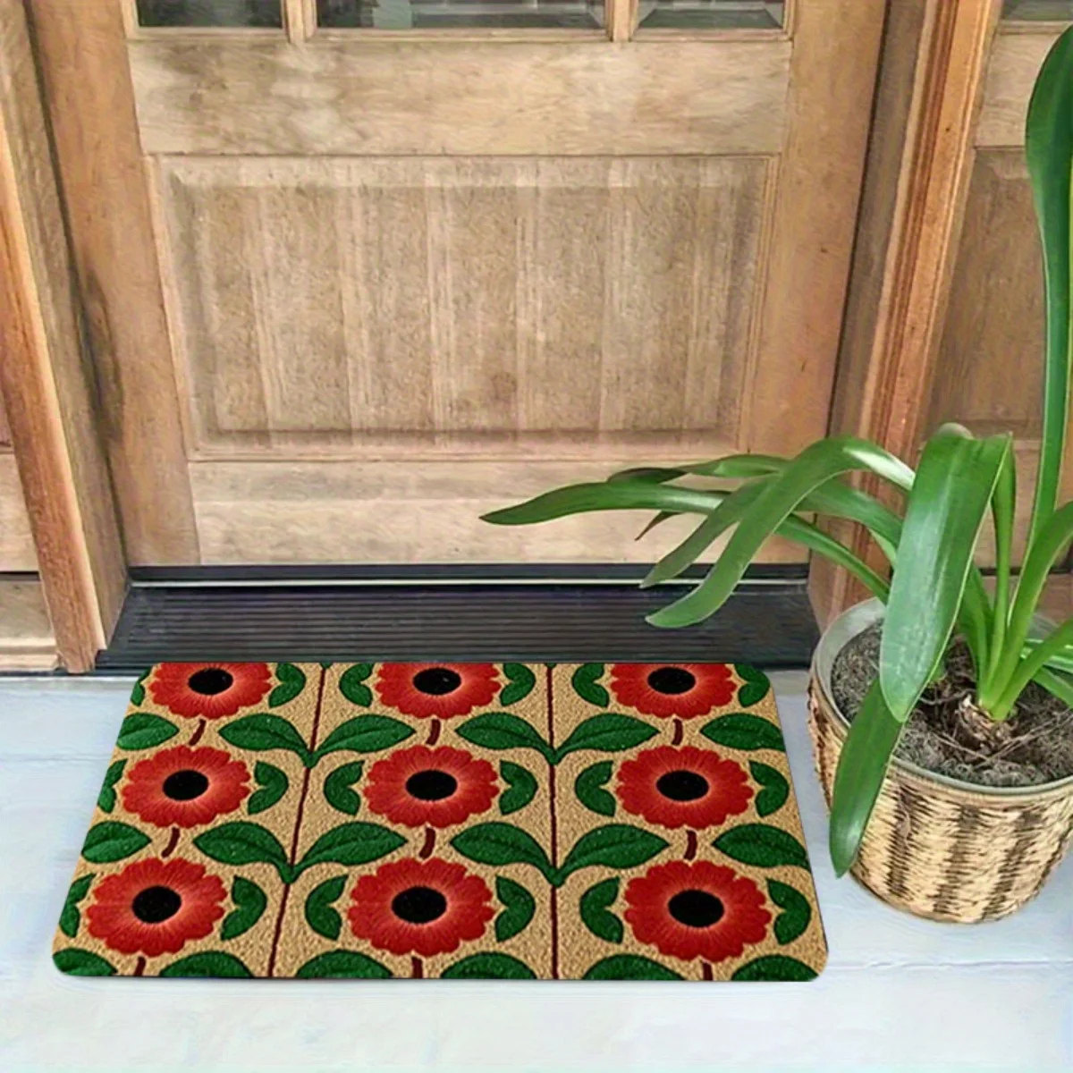VIKAMA Vintage Floral Floor Mat Retro Red Poppy Flower Leaf Pattern Anti‑Slip Washable Doormat Entryway Porch Home Decor Rug