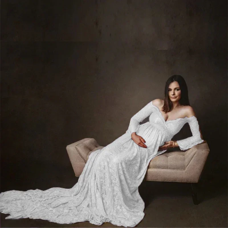 

Sexy Lace Fancy Pregnancy Dresses Long Maternity Dresses For Photo Shoot Flare Sleeve Pregnant Women Maxi Gown Photography Props
