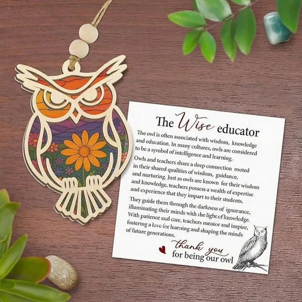 Female Teacher Pendant Owl Sun Natural Timber Ornament with Beaded Ribbon Wood Craft Wall Hanging Pendant Teacher Appreciation