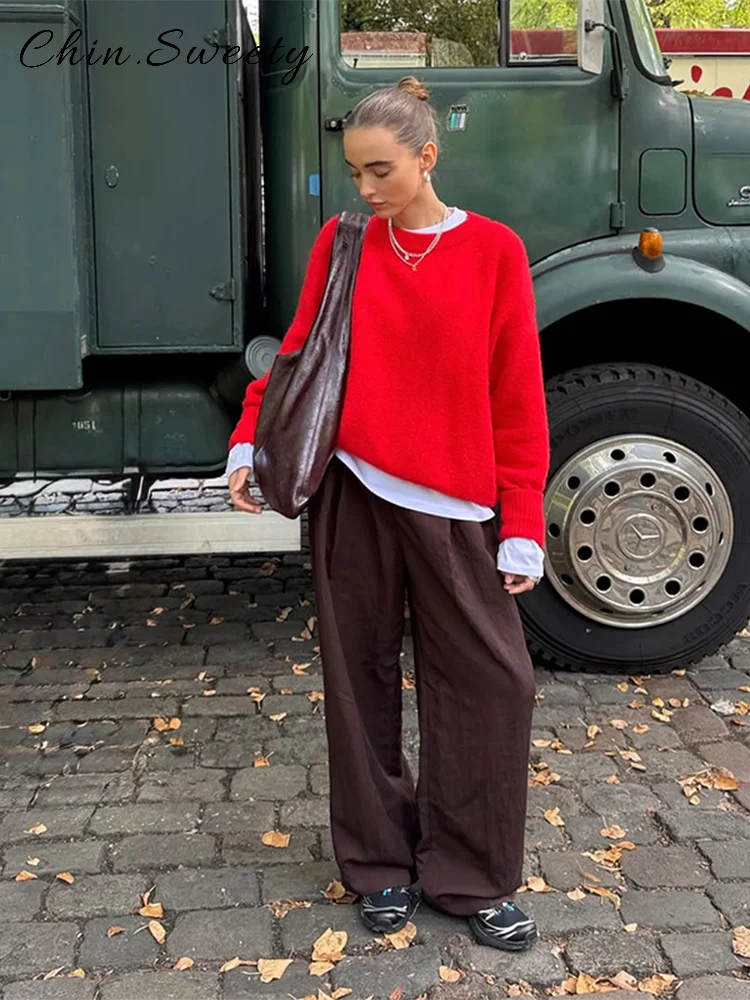 

Повседневные женские красные вязаные пуловеры, свободный свитер с круглым вырезом и длинными рукавами, женский 2022, осенне-зимний женский универсальный трикотаж, новинка