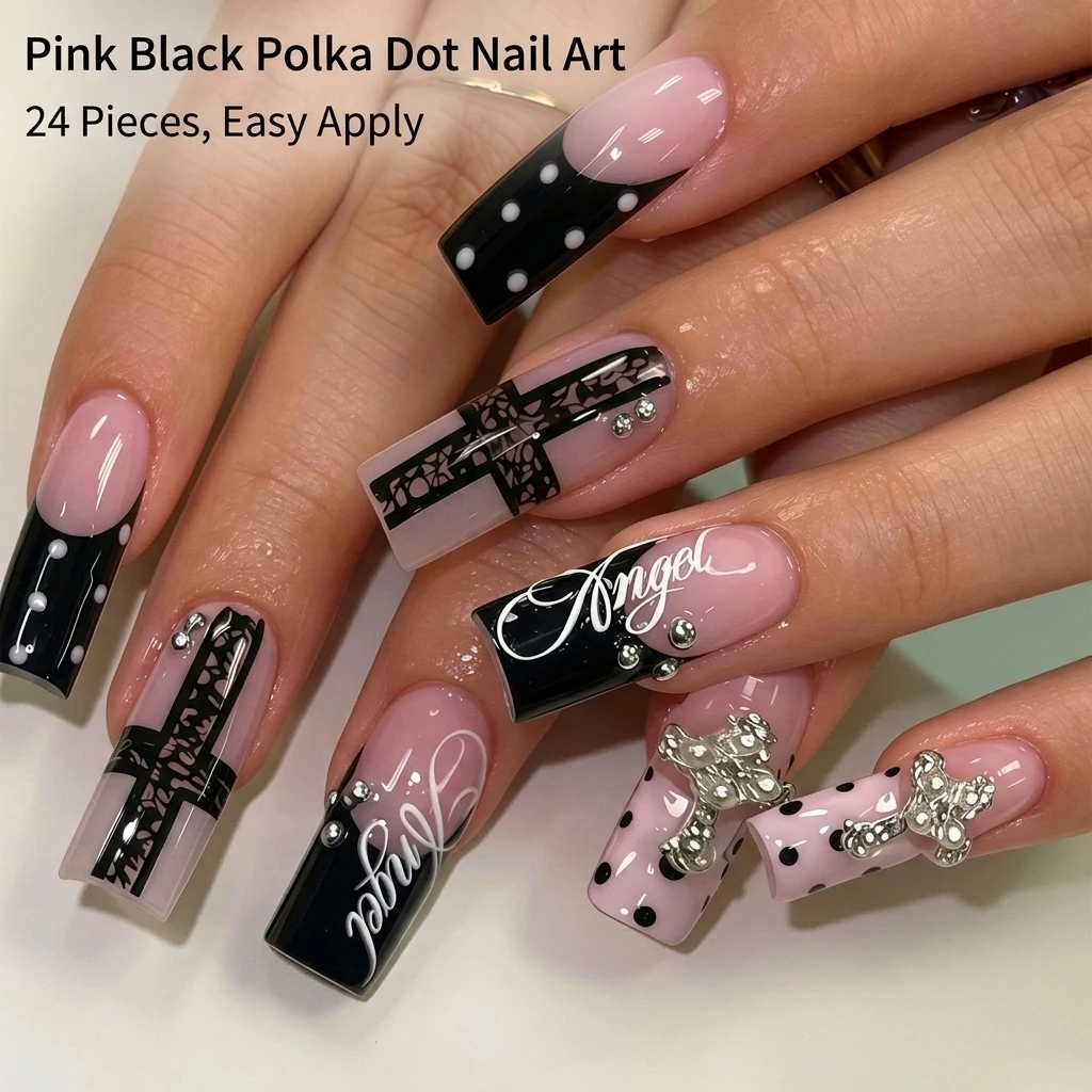 24 Stück Süße Coole Press-On Nägel mit Perlen, Strass, Kreuz- und Spitzenmuster, Polka-Dot-Muster, Falsche Nägel in Rosa und Schwarz, Französischer Stil, Künstliche Nagelspitzen – Detail 2