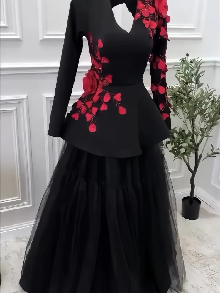 Customized Evening Dress Prom Dearin V-neck A-line Floor Length Open Back Skirts Layered Draped Tulle Applique Flower Bespoke