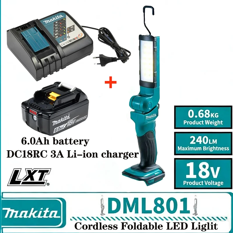 Original Makita 18v 6.0 mA battery plus 3A charger, DML801 convenient foldable led lamp set outdoor lighting car maintenance