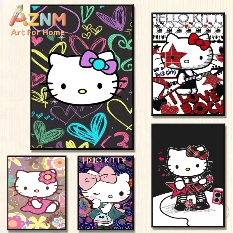 AZNM Hello Kitty Cute Cartoon Canvas Wall Art Rock Style Sanrio Character Canvas Print Kids Room Home Decor Poster
