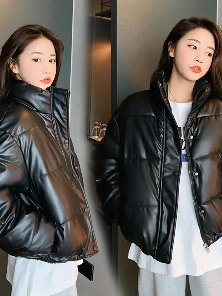 Winter Warm Thick PU Leather Coats Women Short Parkas Fashion Black Cotton Padded Lady Down Jacket Elegant Zipper Clothes 2023