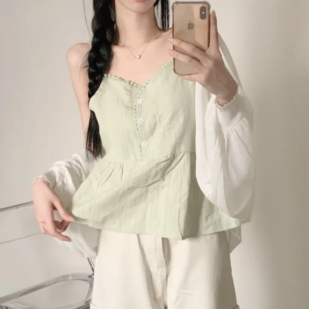 

2026 New Chic Korean Style Strap Vest Women's Fashion Candy Color Versatile Top Summer Age-Defying Single Button Closure