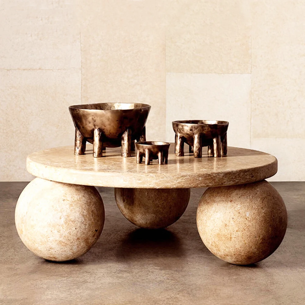 Home Furniture Round travertine stone coffee table with 3 round bowl