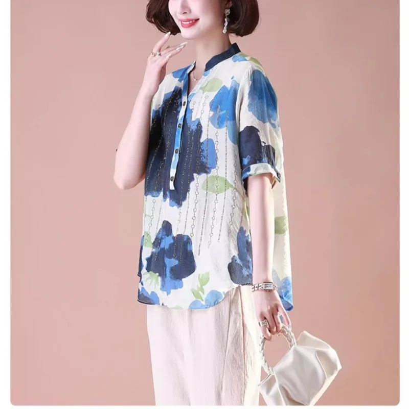 Vintage Ethnic Style Summer Women's V-Neck Printed Stand Collar Diamonds Single Breasted Fashion Loose Casual Shirts Tops