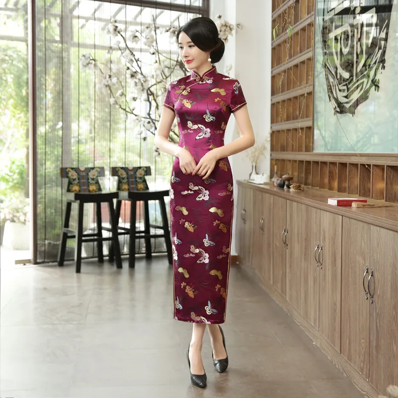 Elegante vestido longo de cetim qipao feminino, cheongsams estampado com borboleta rosa, vestido tradicional chinês, sexy, primavera, verão, novo