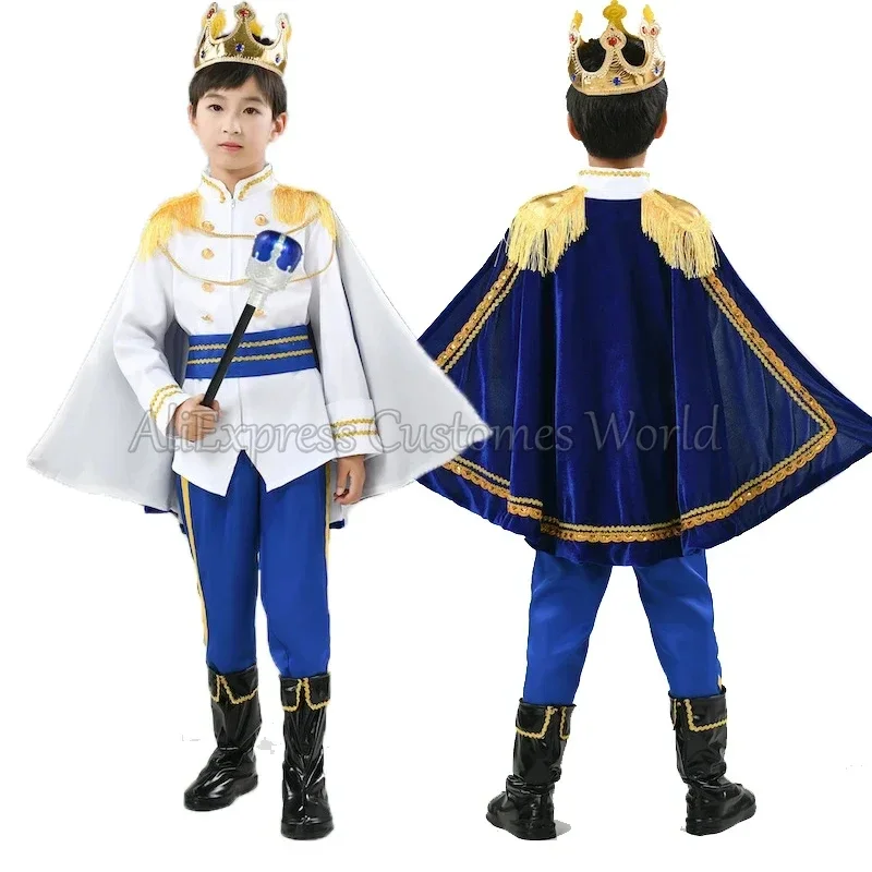 HN8 Disfraz de Príncipe de Anime para niños, disfraz de Halloween del Rey Príncipe, capa de fiesta de Carnaval, chaqueta de corona de cetro S8...Gf
