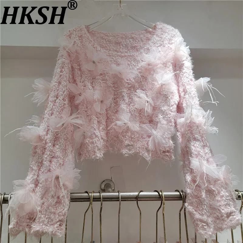 

HKSH осенний новый женский короткий свитер с круглым вырезом и длинными рукавами, трехмерное украшение, французские нежные вязаные топы Atyle Ins HK10373