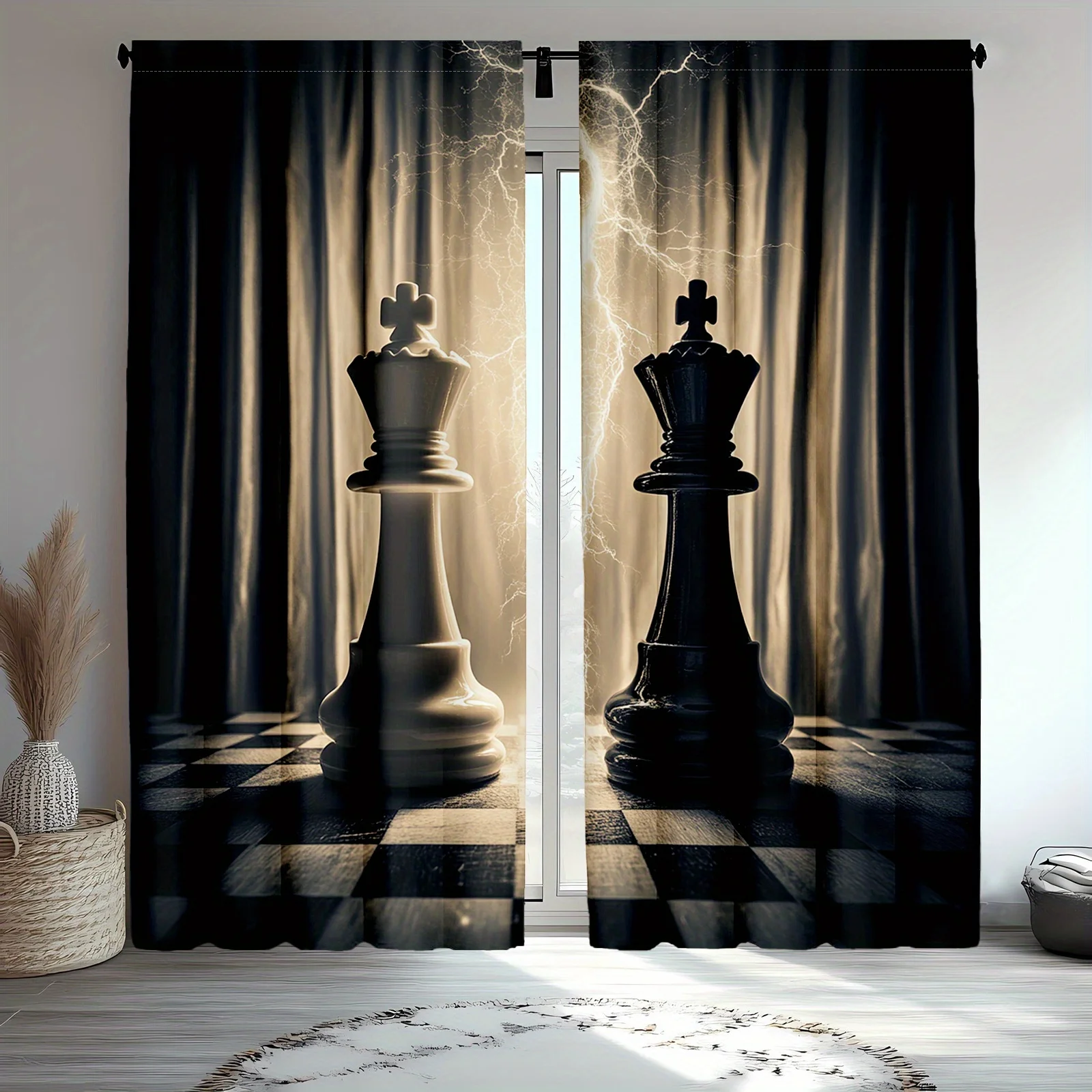 2pcs Classic Chess Game Print Curtains, Black and White Polyester Window Treatments for Bedroom and Living Room Decor