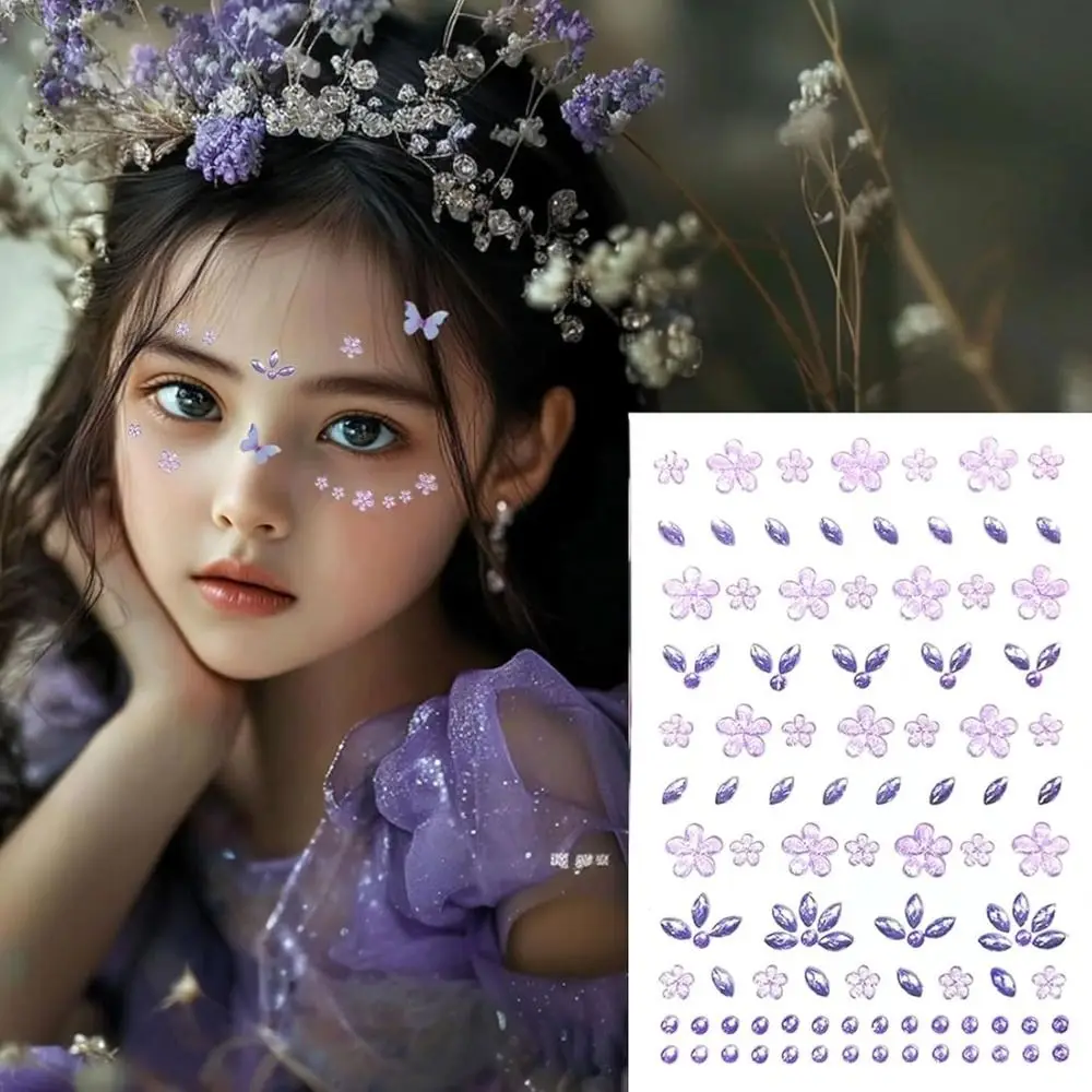 Flower Face Tattoo Sticker Pure Color Self-Adhesive Rhinestones Face Jewelry Decals Face Gems Sticker Festival Halloween Cosplay