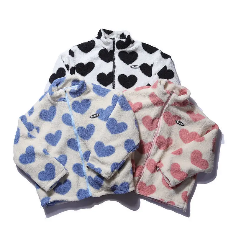 Couple Coat Heart Pattern Fleece Stand Collar Reversible Padded Jacket Autumn Winter Casual Street Workwear Daily Unisex Warm
