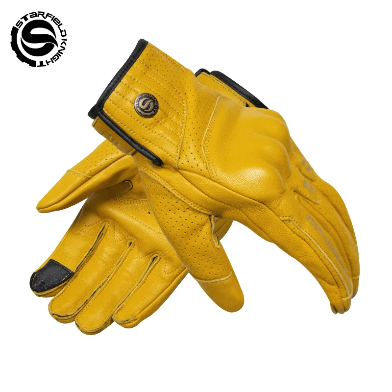 

SFK Yellow Motorcycle Riding Gloves Summer Breathable Real Goat Leather Wear-resisting PVC Hard Shell Protection Touch Screen