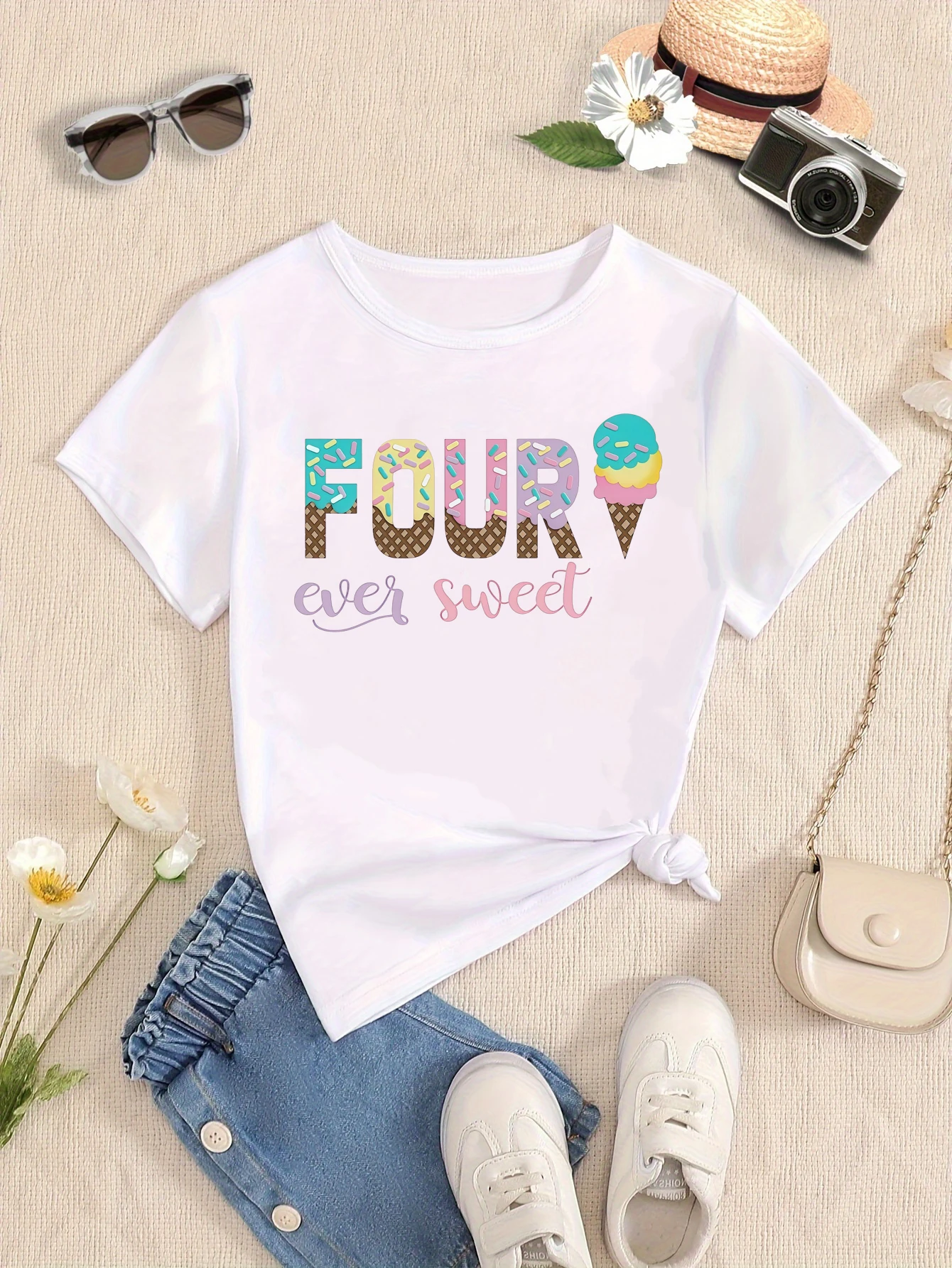 Four Ever Sweet Ice Cream Printed T Shirt Girls 4th Birthday Gift T-Shirt The Best Birthday Gift T-Shirt Funny Kids Clothes