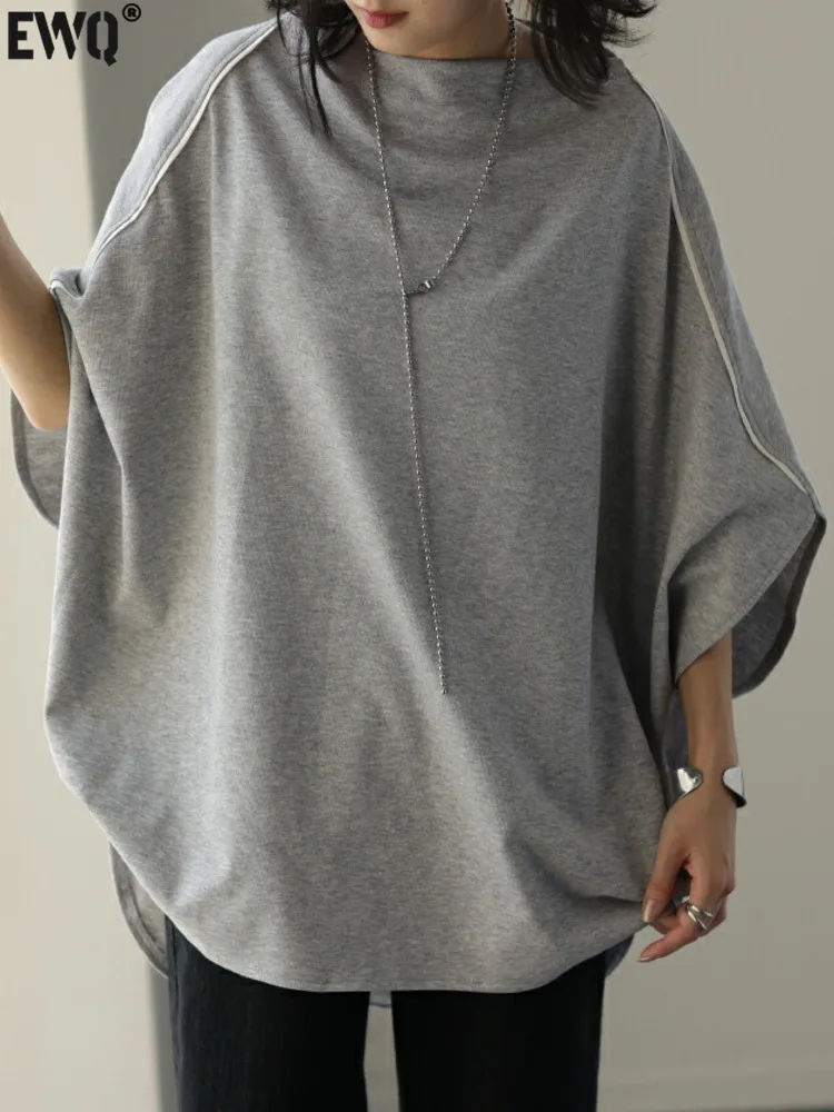 [EWQ] Japanese Fashion Gray Top Spliced Loose Short Bat Sleeves Round Neck Casual T-shirt For Women 2024 Spring Summer 16U8598