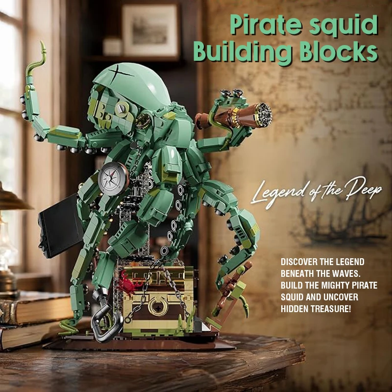 Pirate Octopus Building Block Set Deep Sea Animal Model Adjustable Tentacles Pirate Treasure Chest Home Decor Kids Holiday Gifts