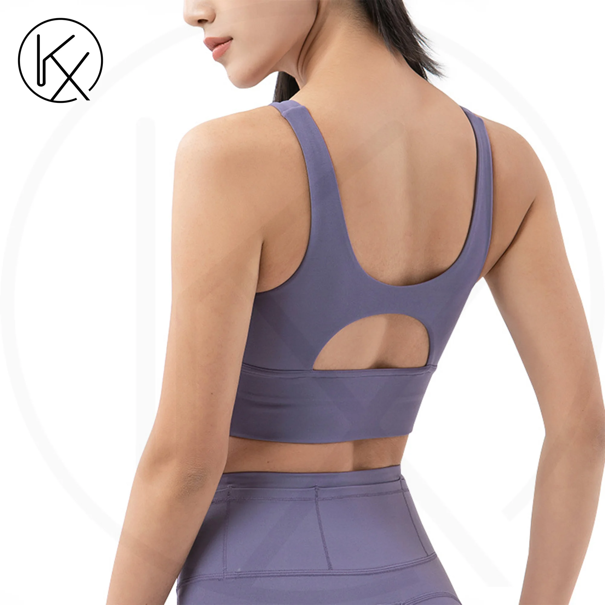 kaixiggmm Nylon nude double-sided round neck sports bra with beautiful hollow out and widened back sole, vest style sports bra