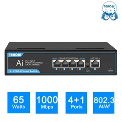 TEROW POE Switch Full Gigabit 5 Ports 1000Mbps Network LAN RJ45 Hub Smart Ethernet Switcher 65W for IP Camera/Wireless AP/WiFi