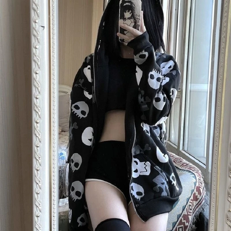 Y2k estilo punk americano vintage crânios impressão manga longa zip up moletom com capuz gótico 2000s harajuku fino hoodies feminino chique