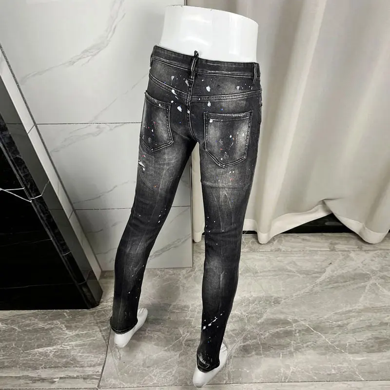 High Street Fashion Y2K Men's Jeans Scratched Painted Washed Nostalgic Stretch Slim Black Jeans High Street Hip Hop Brand Pants