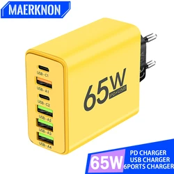 65W USB Type C Charger Multiple 6 Ports Fast Charging Quick Charger 3.0 Mobile Phone Wall Adapter For Samsung Xiaomi iPhone 15