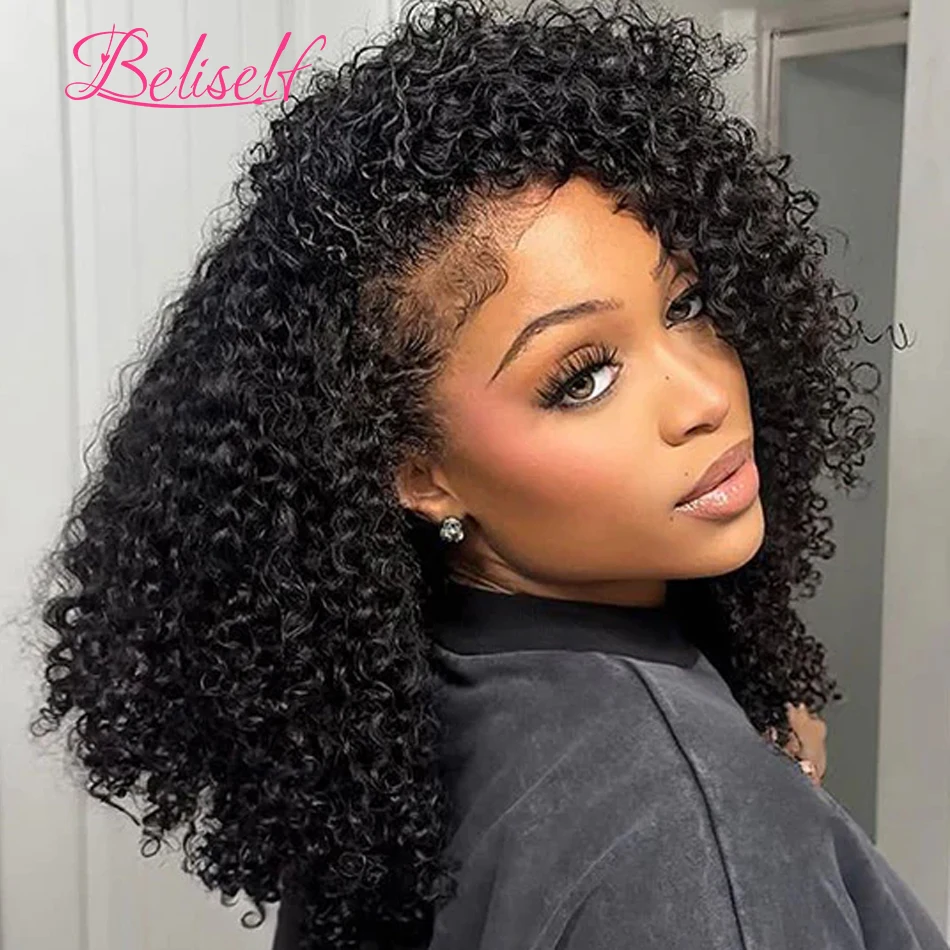 

4C Kinky Edges Kinky Curly Lexible Fit 3 In 1 Half Wig with Drawstring Glueless Wigs Human Hair Beginner Friendly Beliself
