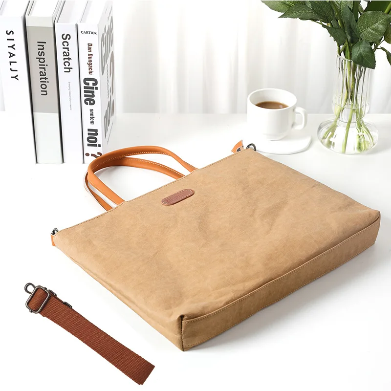 Kraft Paper Texture Laptop Sleeve 14 Inch Large Capacity Crossbody Shoulder Computer Bag