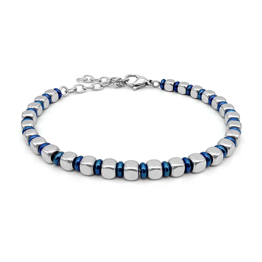 Runda Men's Stainless Steel Bracelet Beads 3mm with Round Blue Adjustable Size 22cm Fashion Jewelry Handmade Charm Bead Bracelet