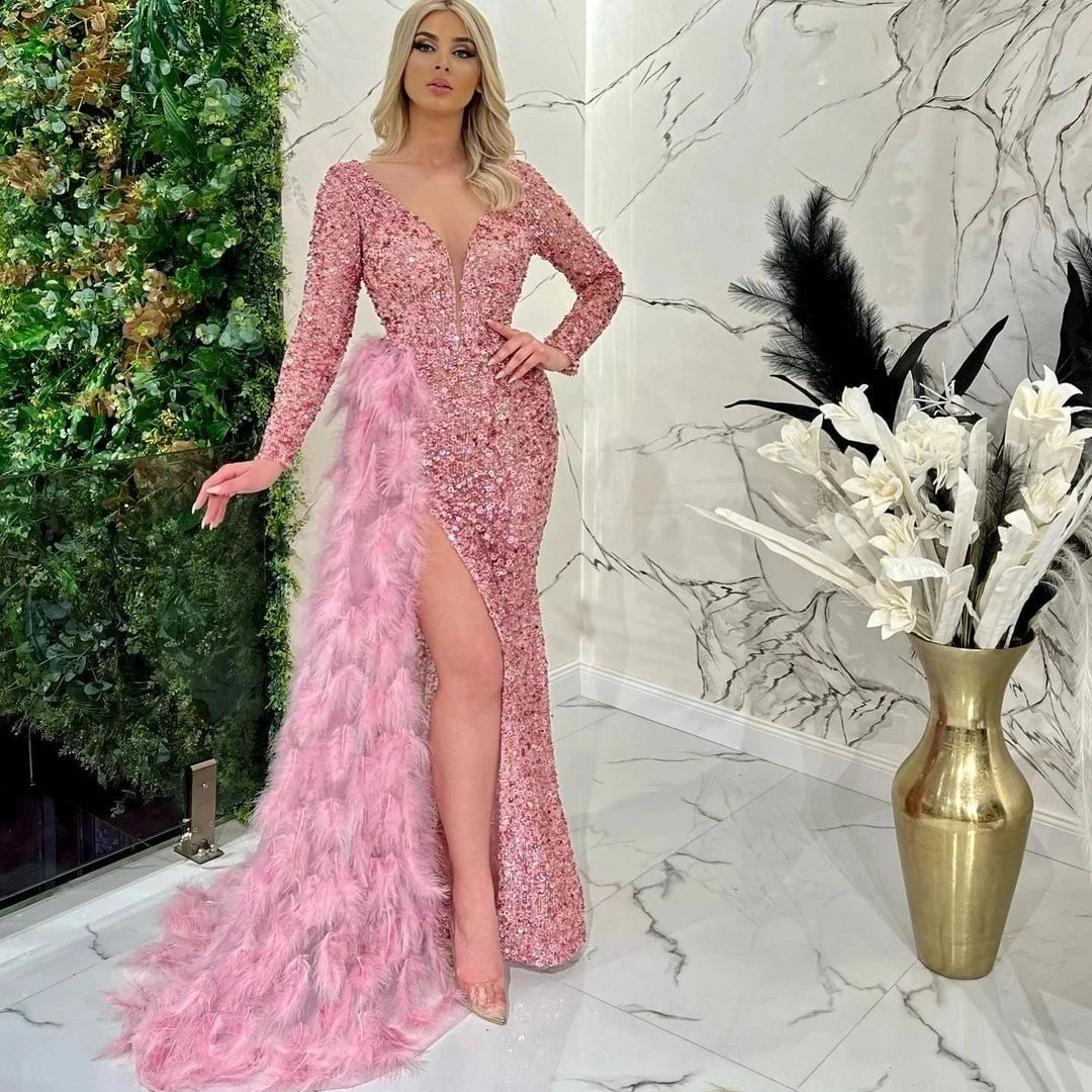 

Elegant Pink Sequin Evening Dress Long Sleeve Feather Ball Dress Customized High Split Sexy Shiny Party Dress